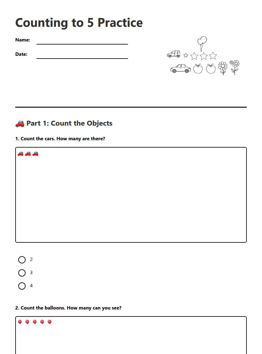 Counting to 5 Practice worksheet preview