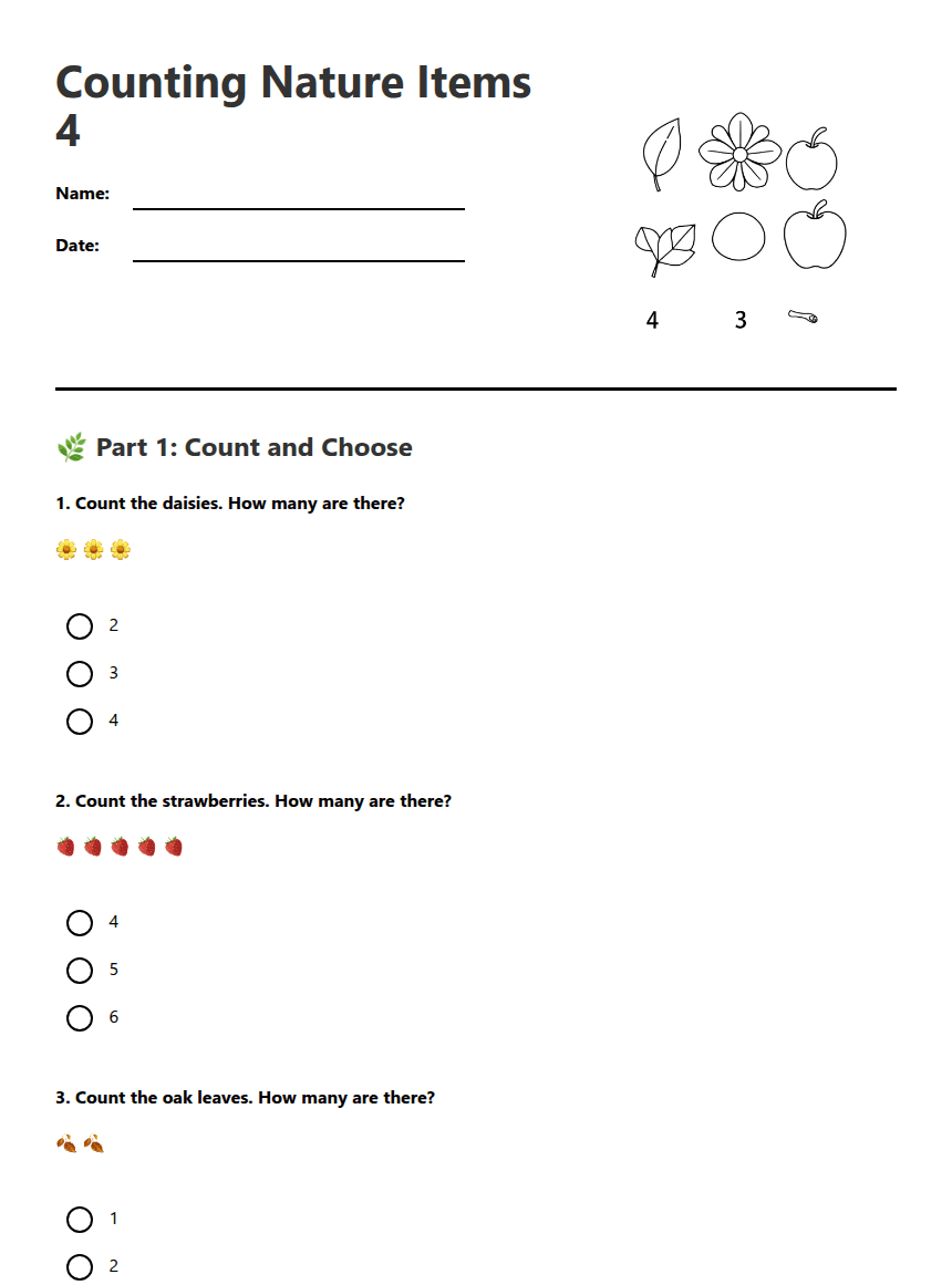 Counting Nature Items 4 worksheet preview