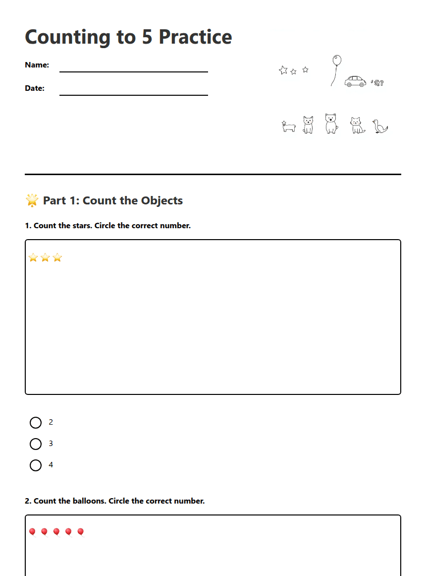 Counting to 5 Practice worksheet preview
