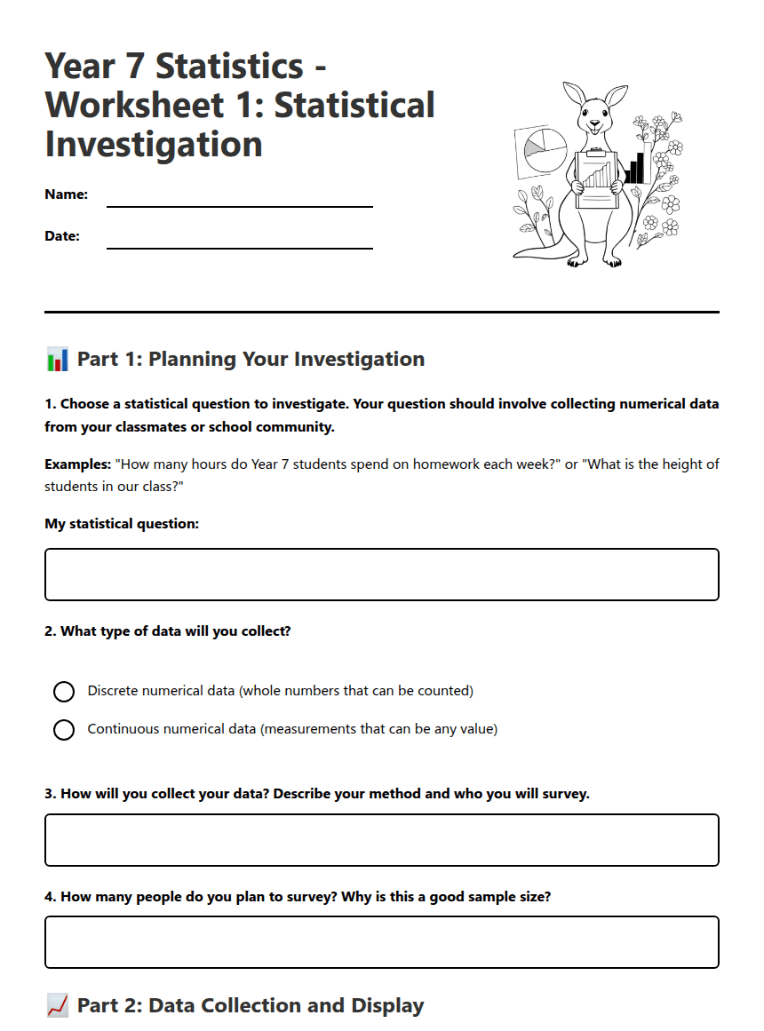 Year 7 Statistics Worksheets worksheet preview