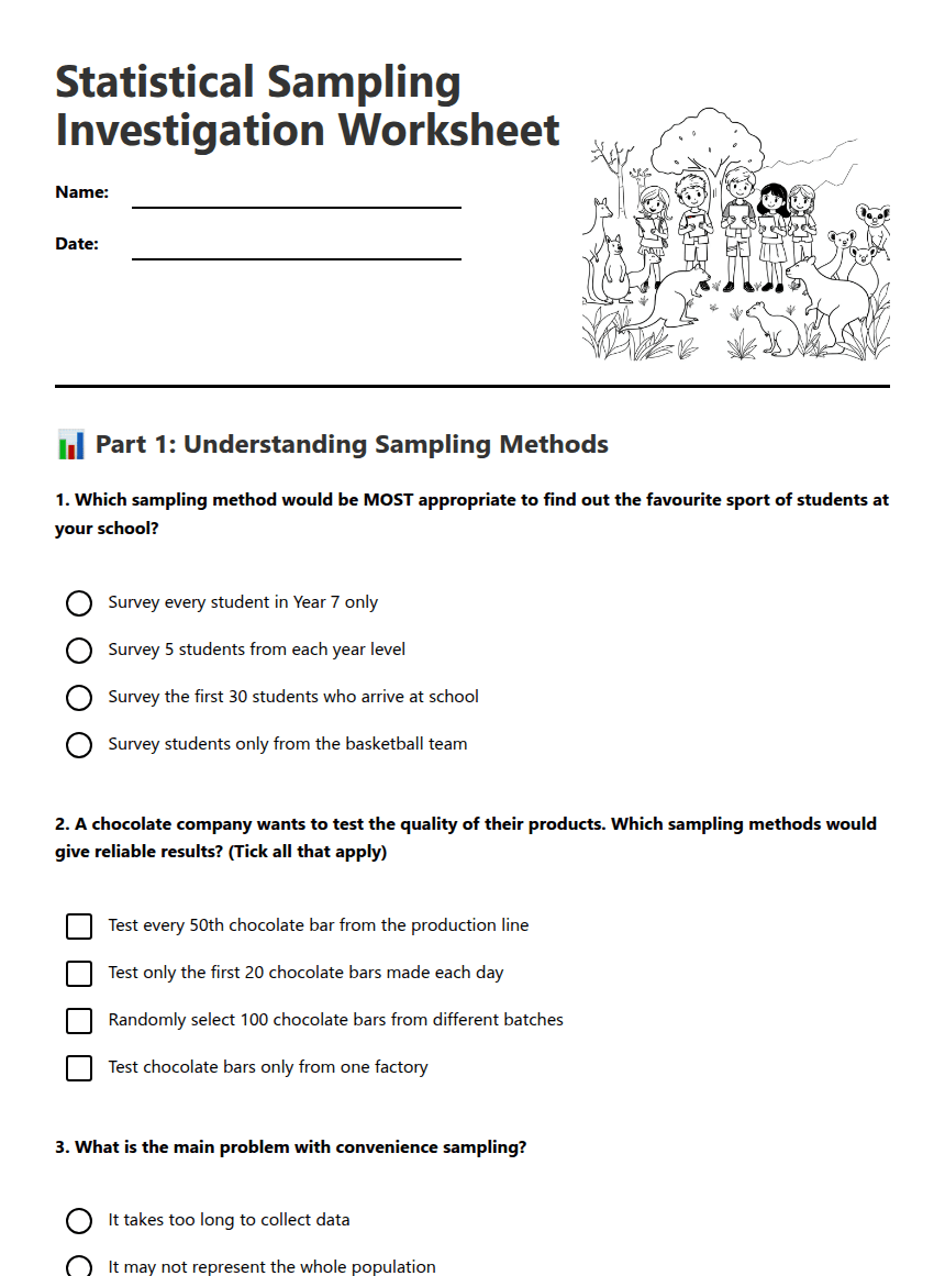 Statistical Sampling Investigation Worksheet worksheet preview