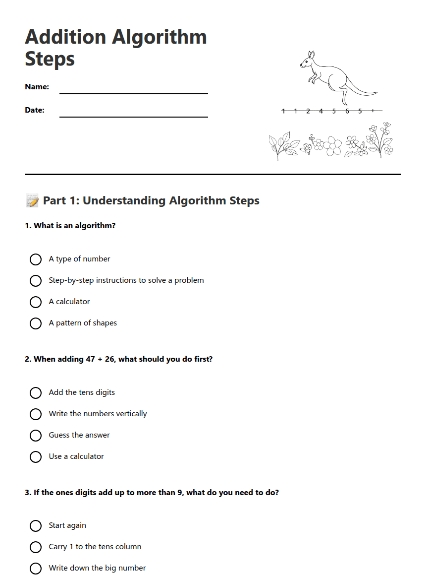 Addition Algorithm Steps worksheet preview