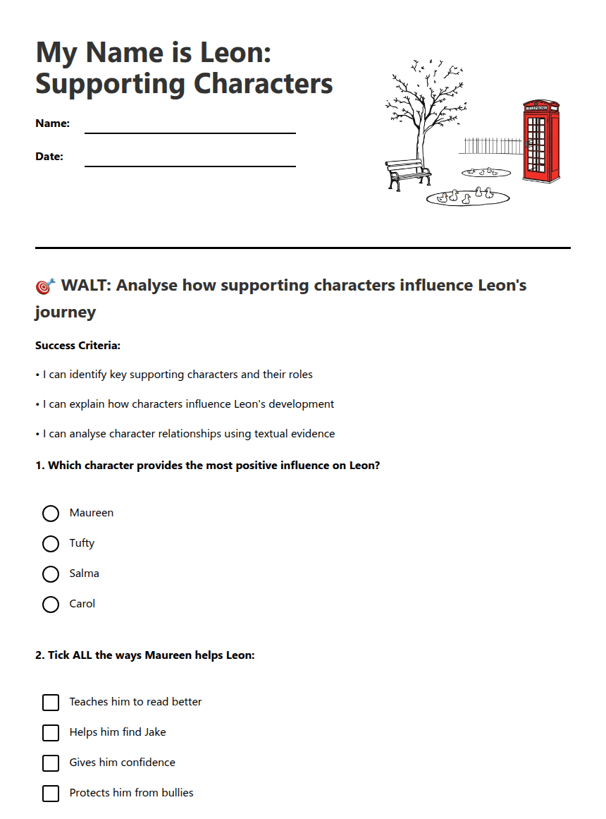 My Name is Leon: Supporting Characters worksheet preview