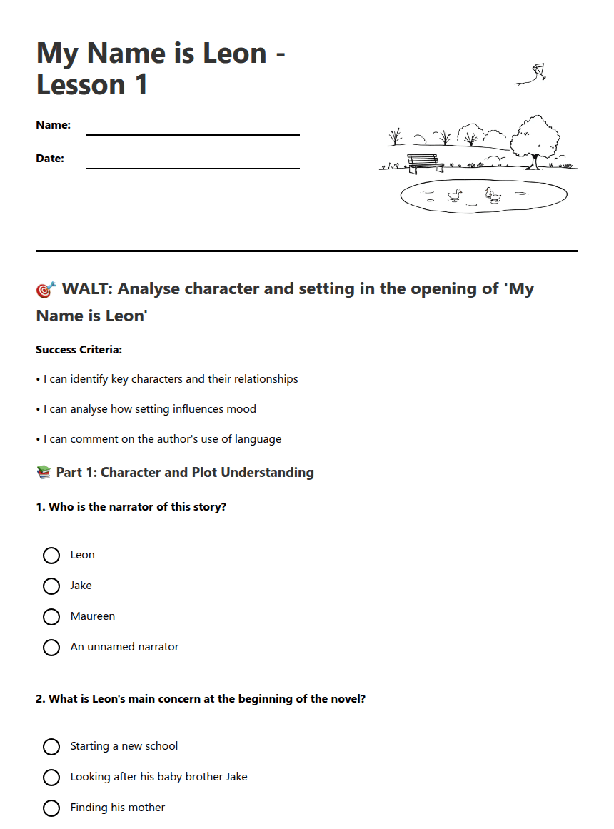 My Name is Leon worksheet preview