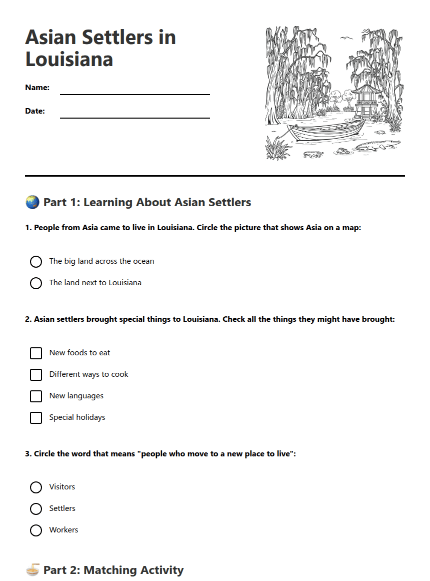 Asian Settlers in Louisiana worksheet preview
