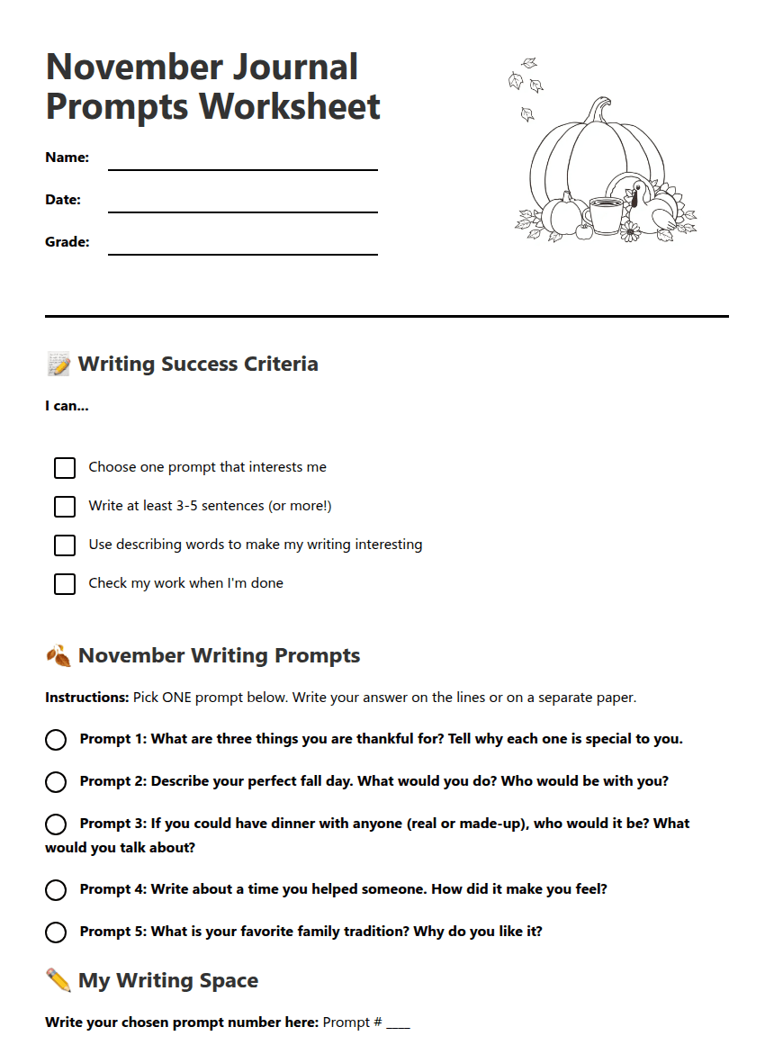 November Journal Prompts Worksheet worksheet preview