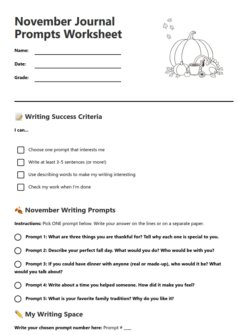November Journal Prompts Worksheet