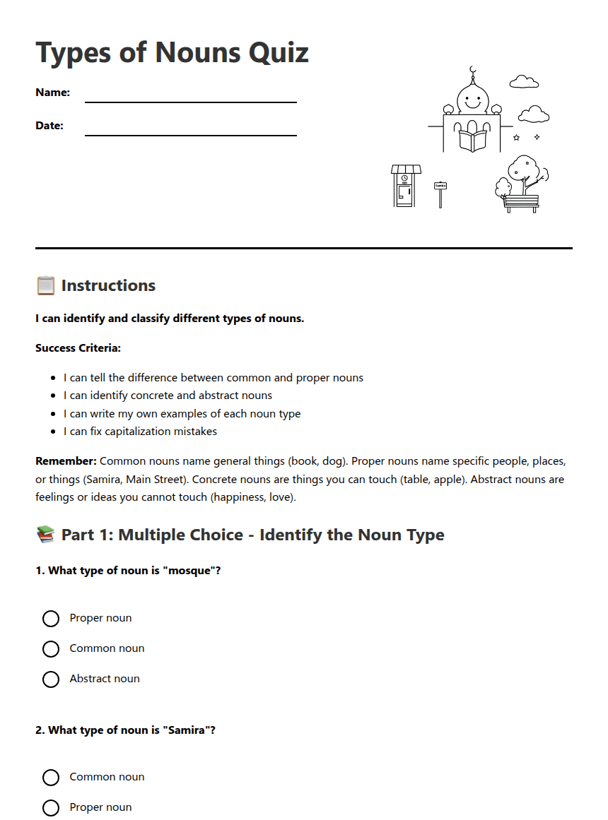 Types of Nouns Quiz worksheet preview
