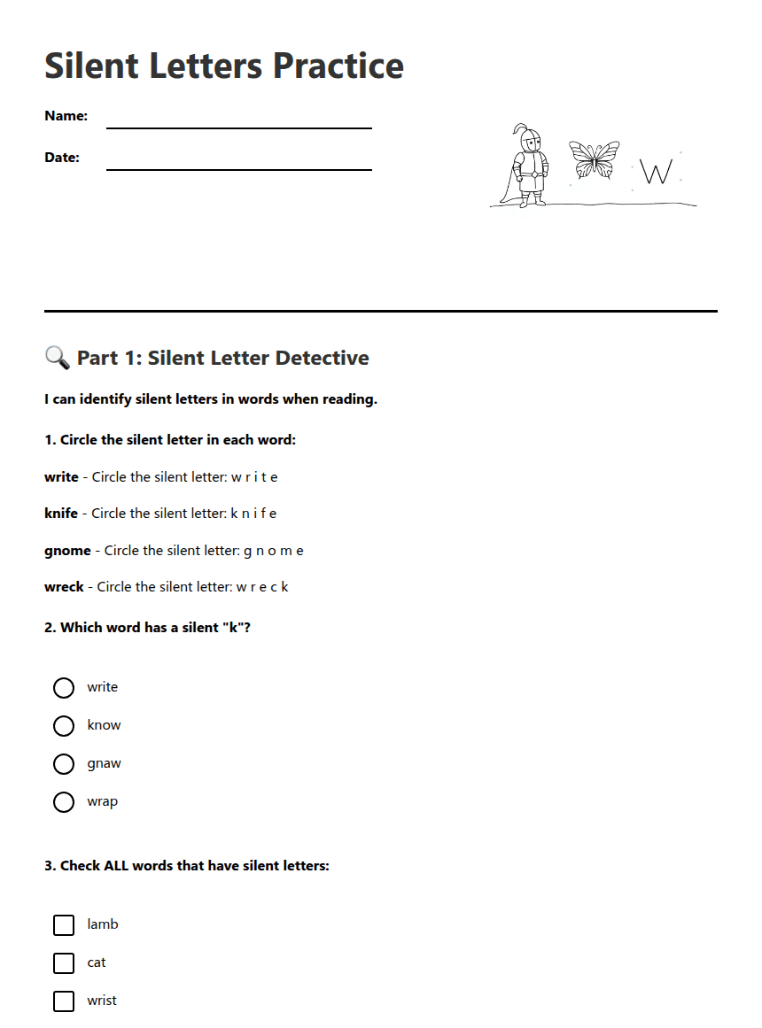 Silent Letters Practice worksheet preview