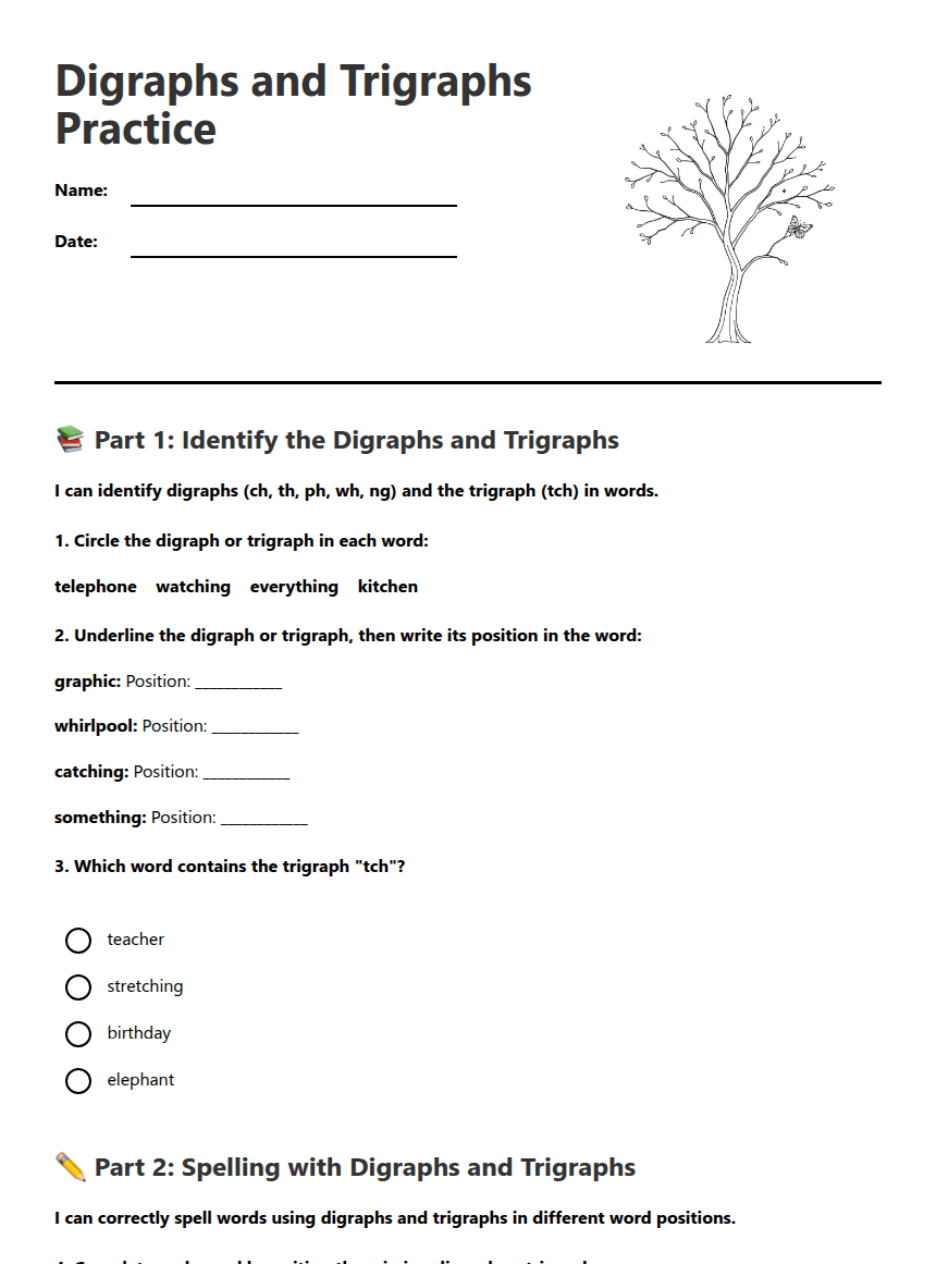 Digraphs and Trigraphs Practice worksheet preview