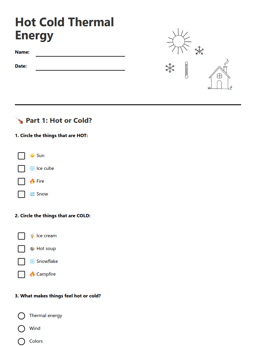 Hot Cold Thermal Energy worksheet preview