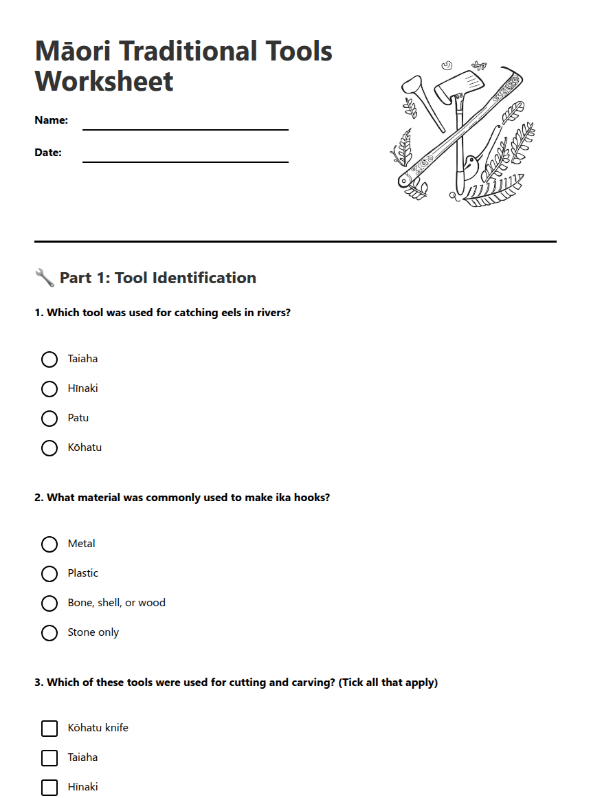 Māori Traditional Tools Worksheet worksheet preview