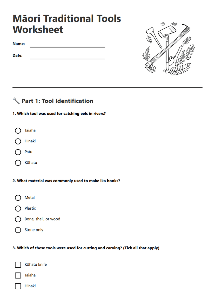Māori Traditional Tools Worksheet