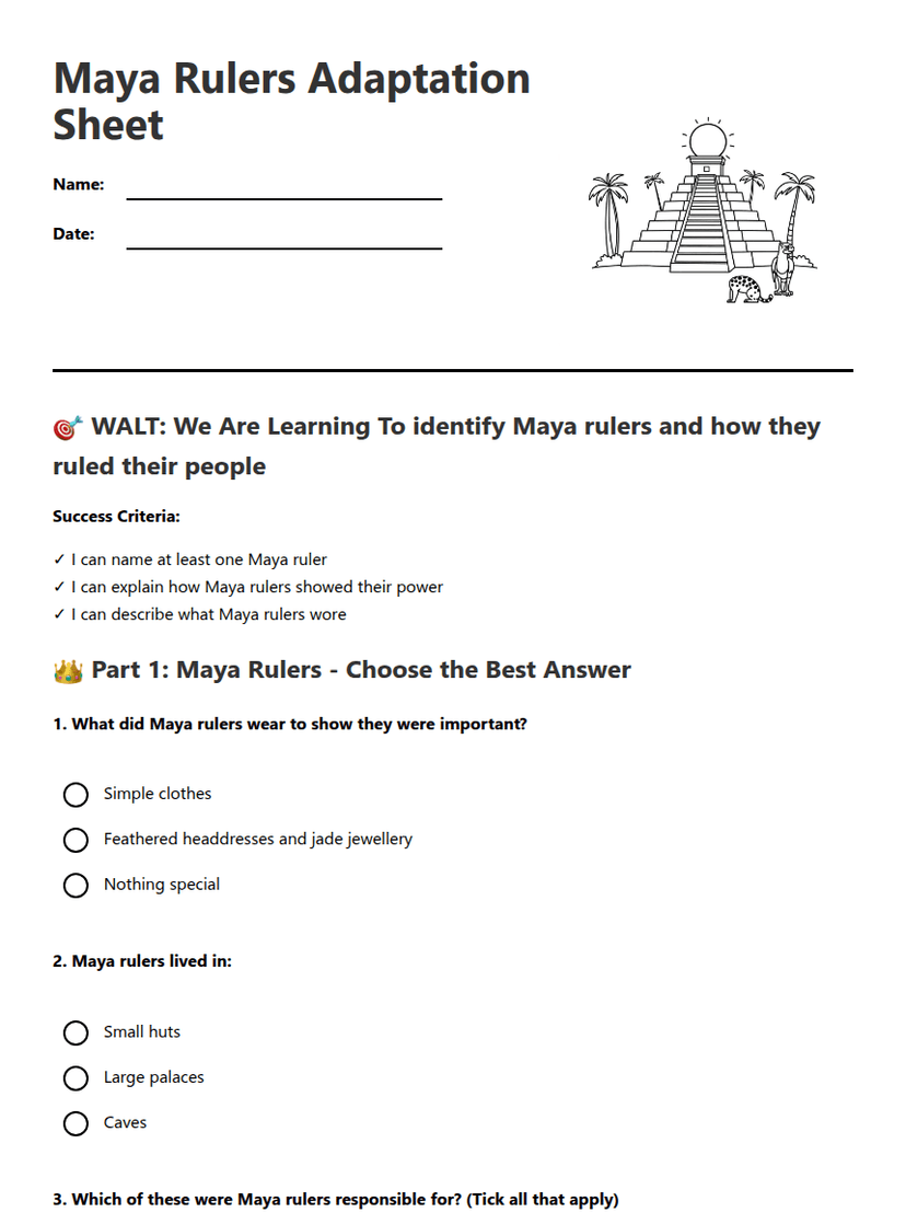 Maya Rulers Adaptation Sheet