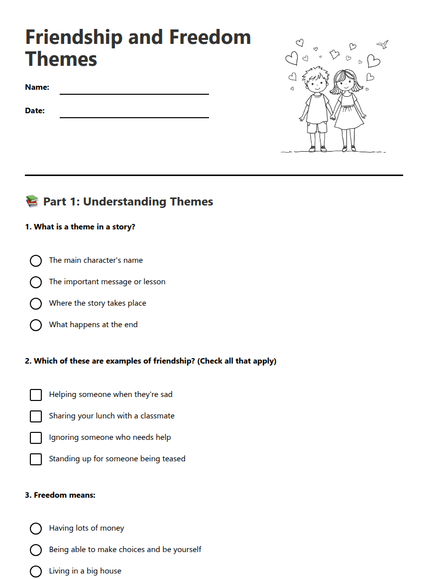 Friendship and Freedom Themes worksheet preview