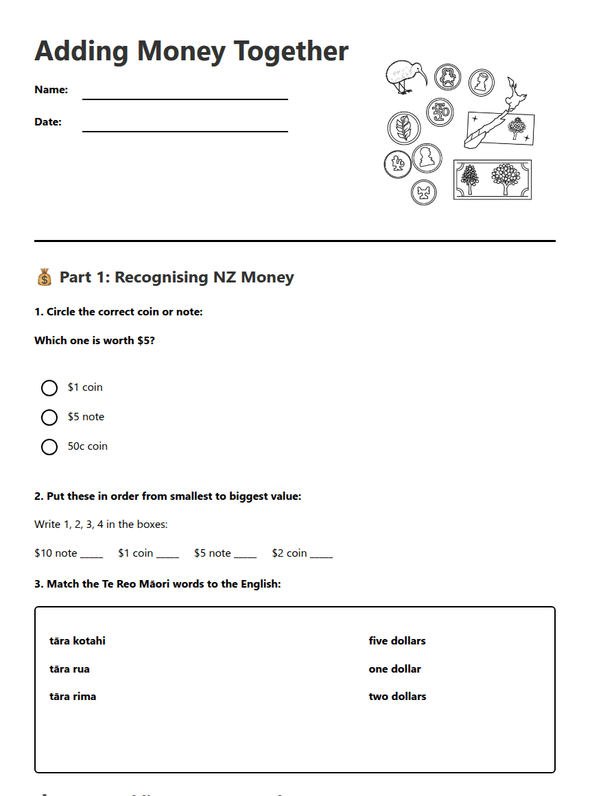 Adding Money Together worksheet preview