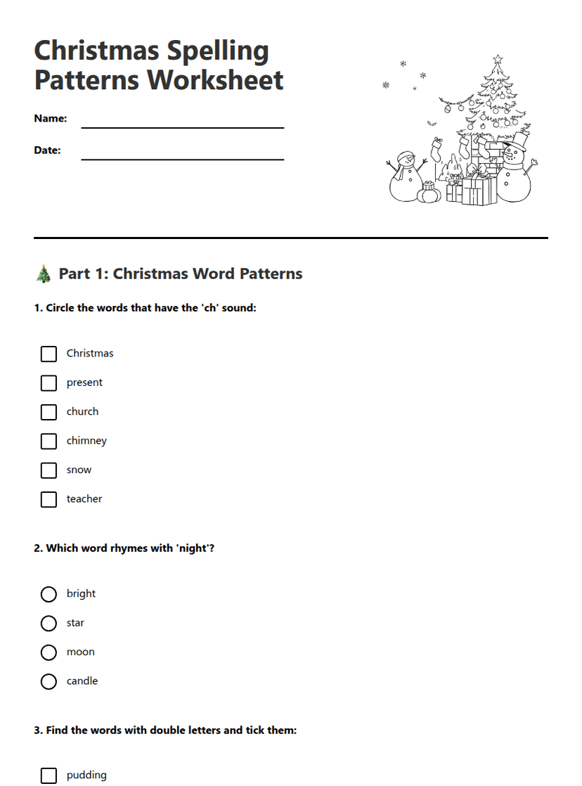Christmas Spelling Patterns Worksheet
