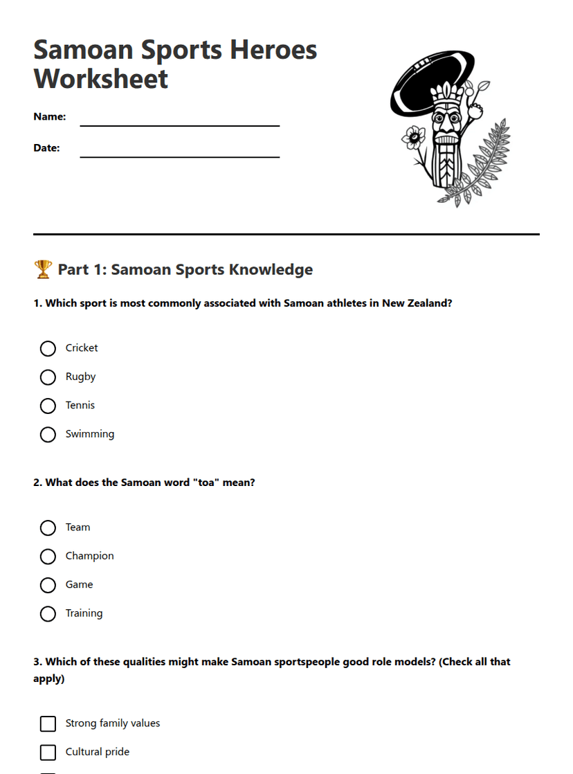 Samoan Sports Heroes Worksheet