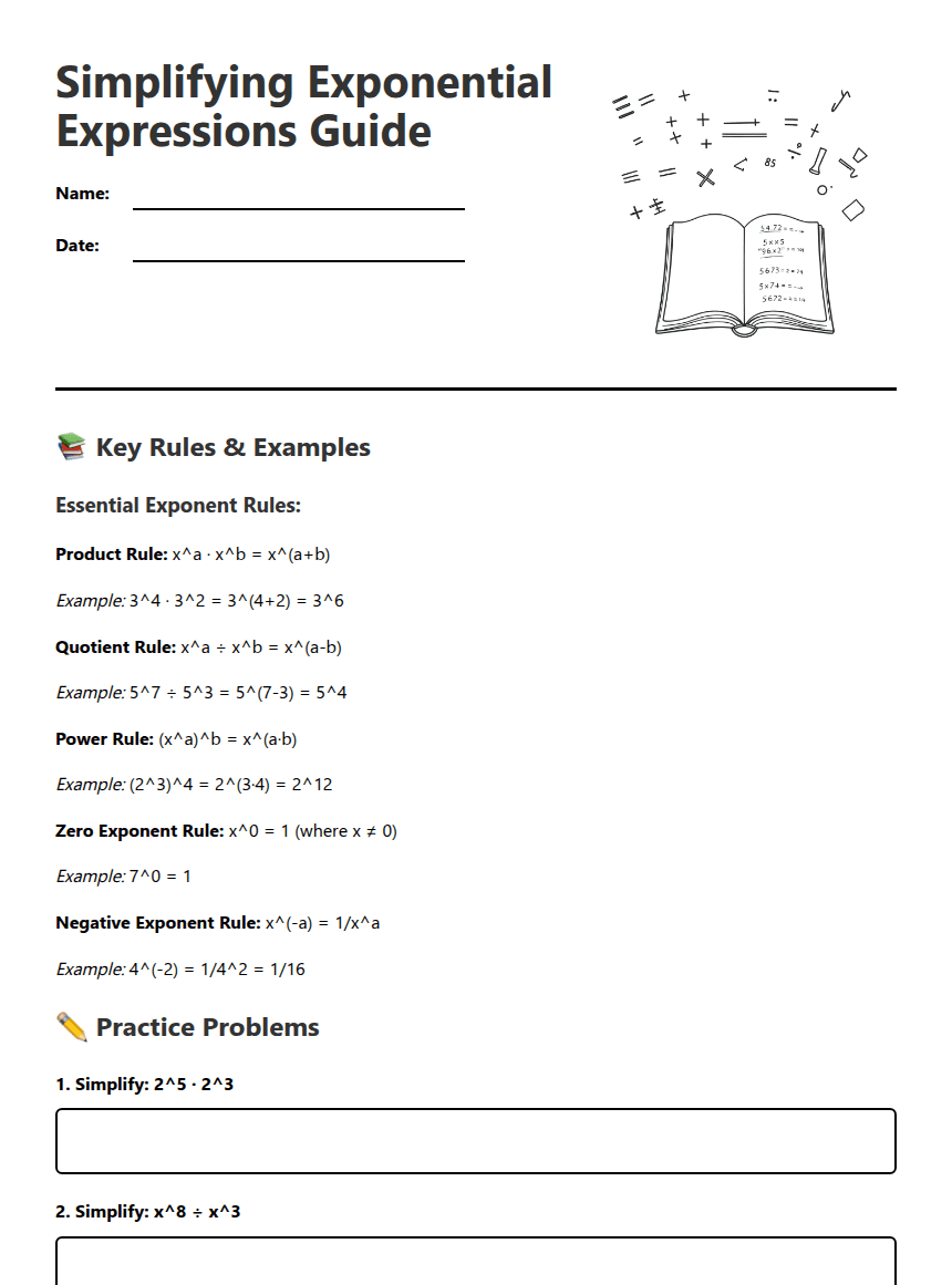 Simplifying Exponential Expressions Guide worksheet preview