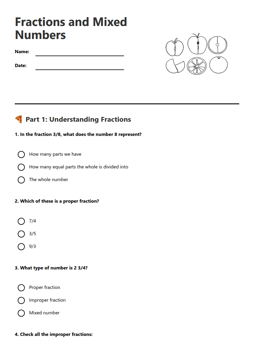 Fractions and Mixed Numbers worksheet preview
