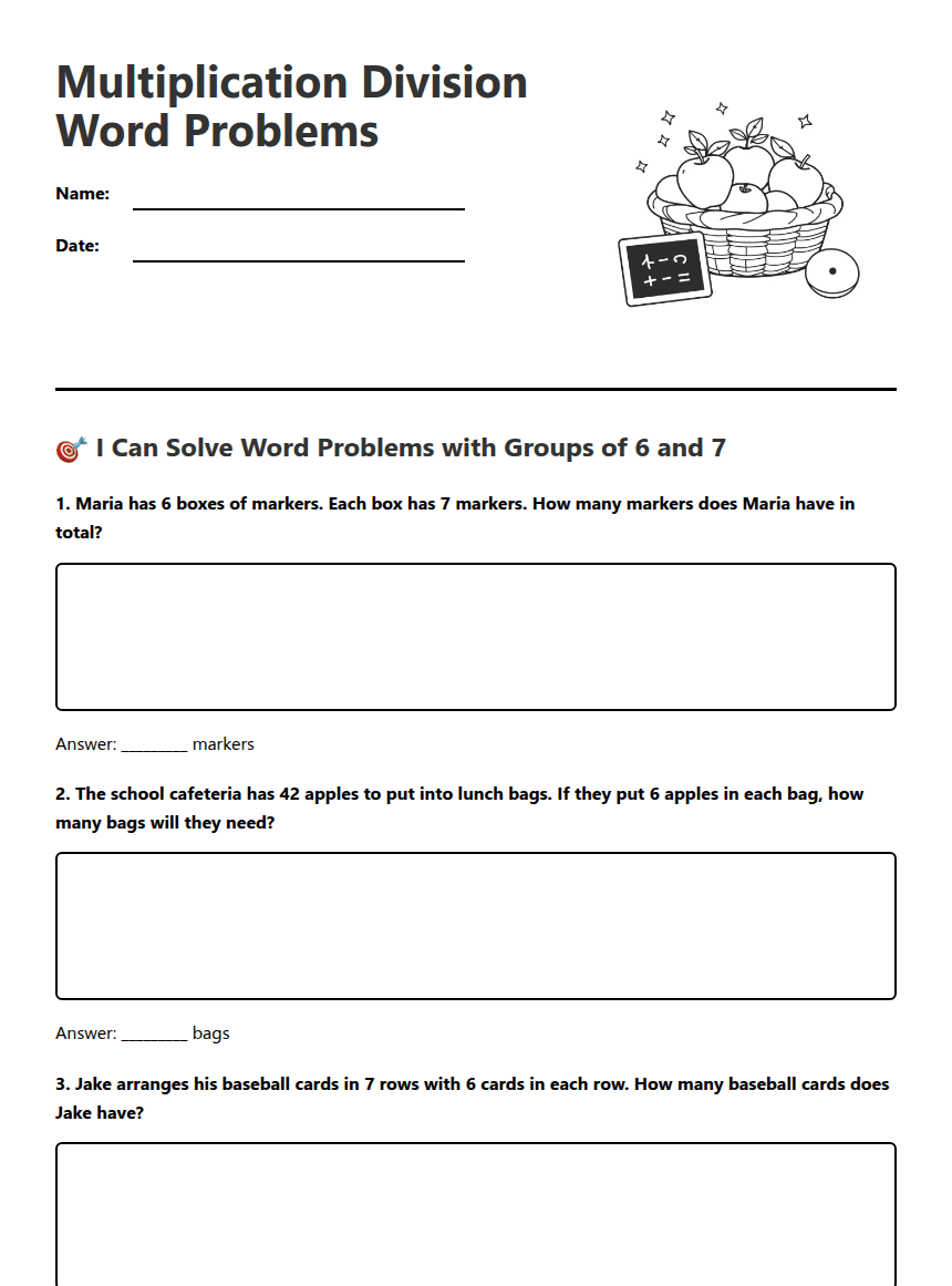 Multiplication Division Word Problems worksheet preview