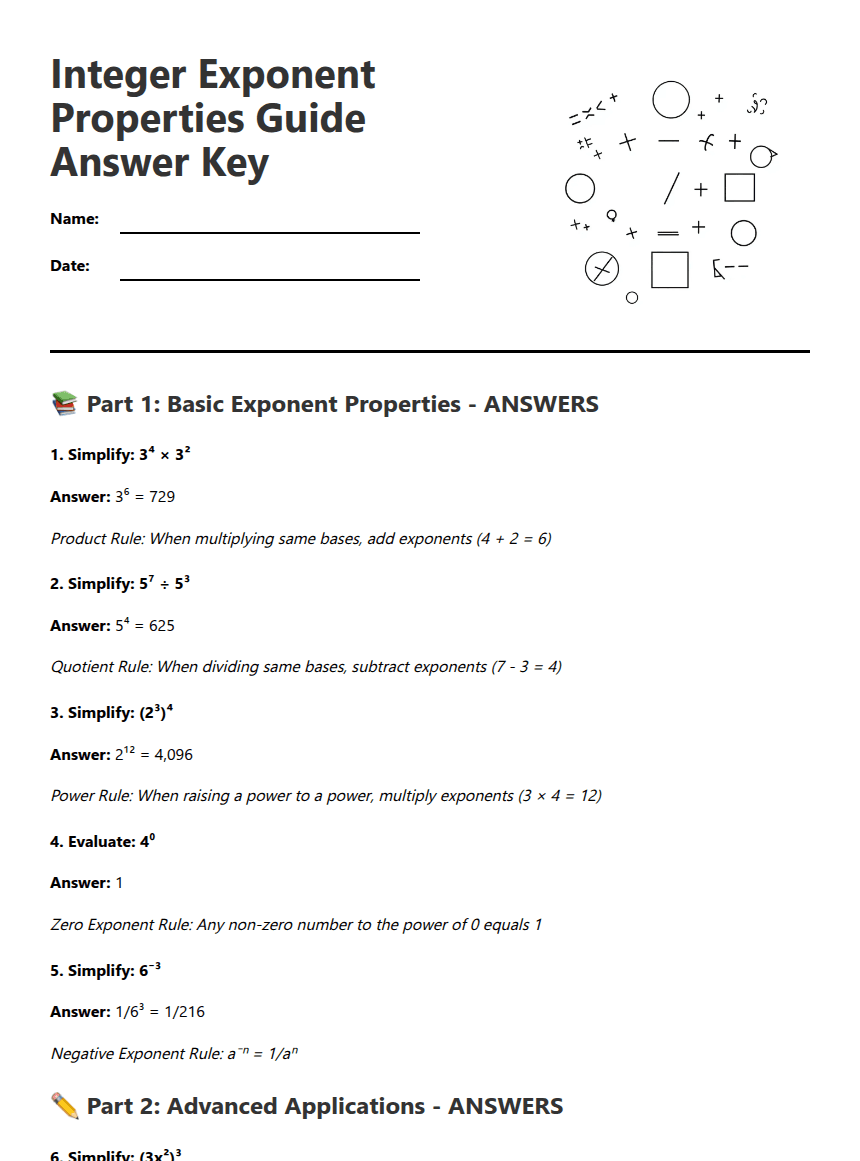Integer Exponent Answer Key worksheet preview