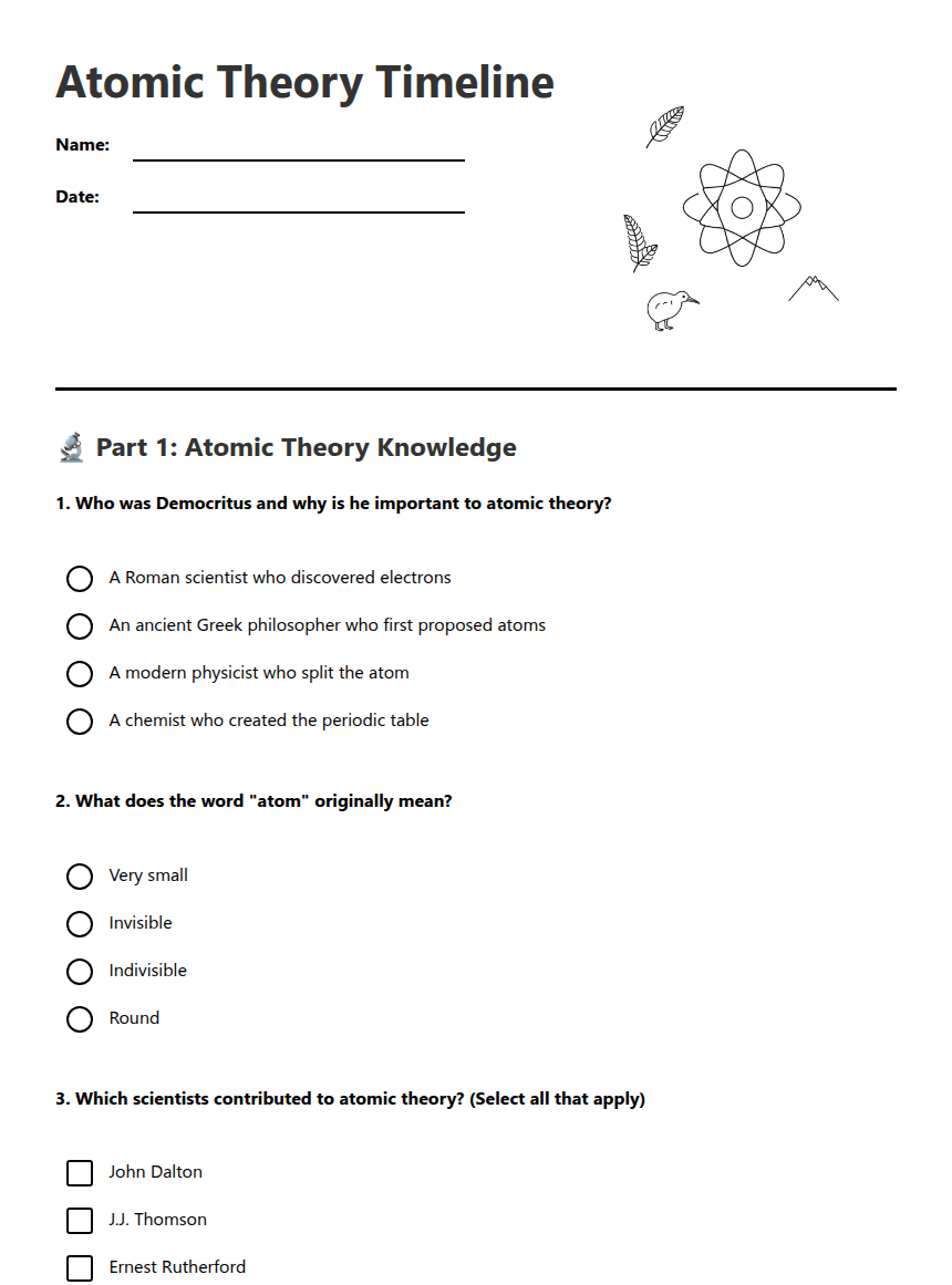 Atomic Theory Timeline worksheet preview
