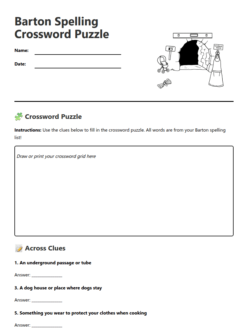 Barton Spelling Crossword Puzzle worksheet preview