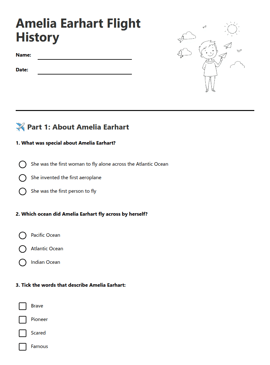 Amelia Earhart Flight History worksheet preview