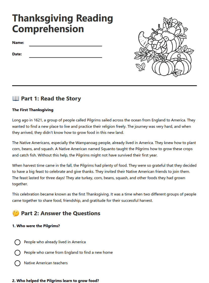 Thanksgiving Reading Comprehension