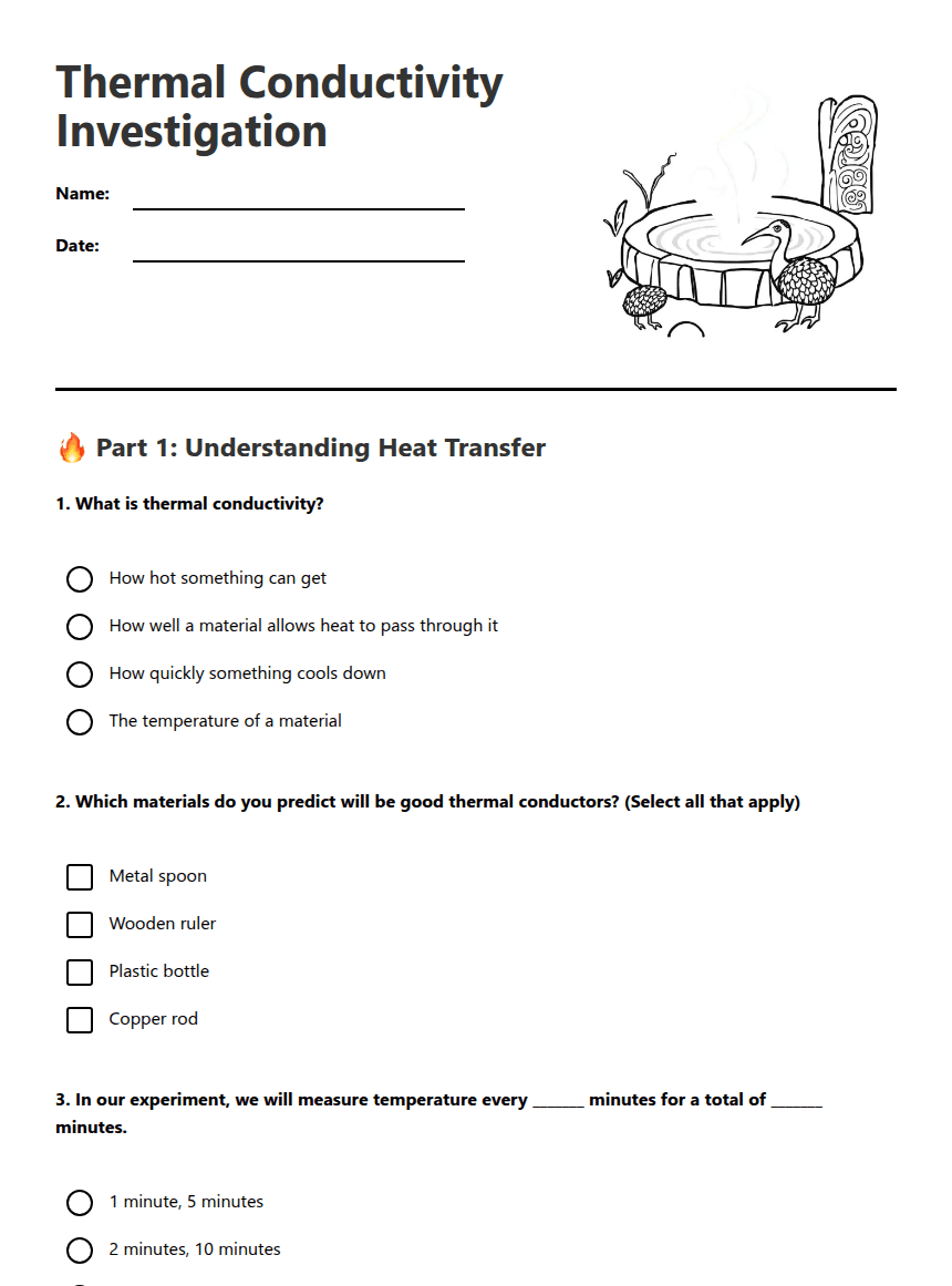 Thermal Conductivity Investigation worksheet preview