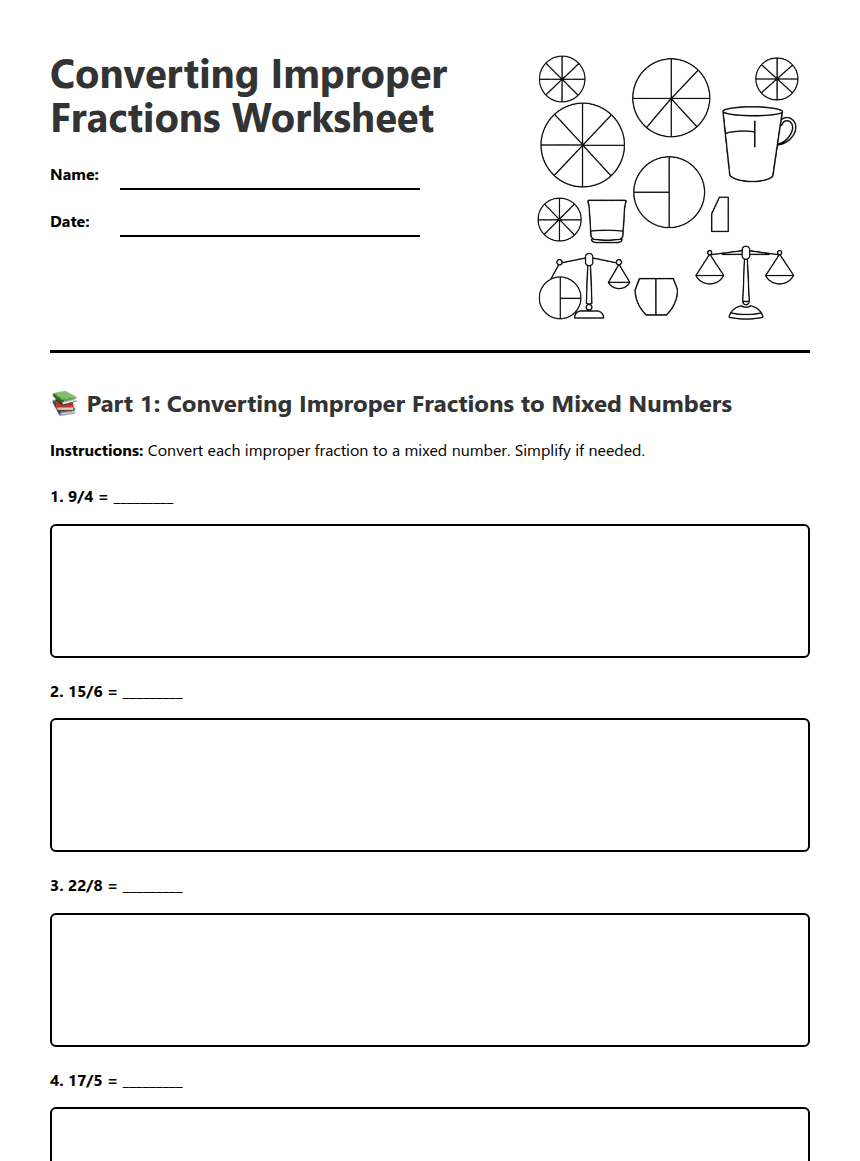 Converting Improper Fractions Worksheet worksheet preview