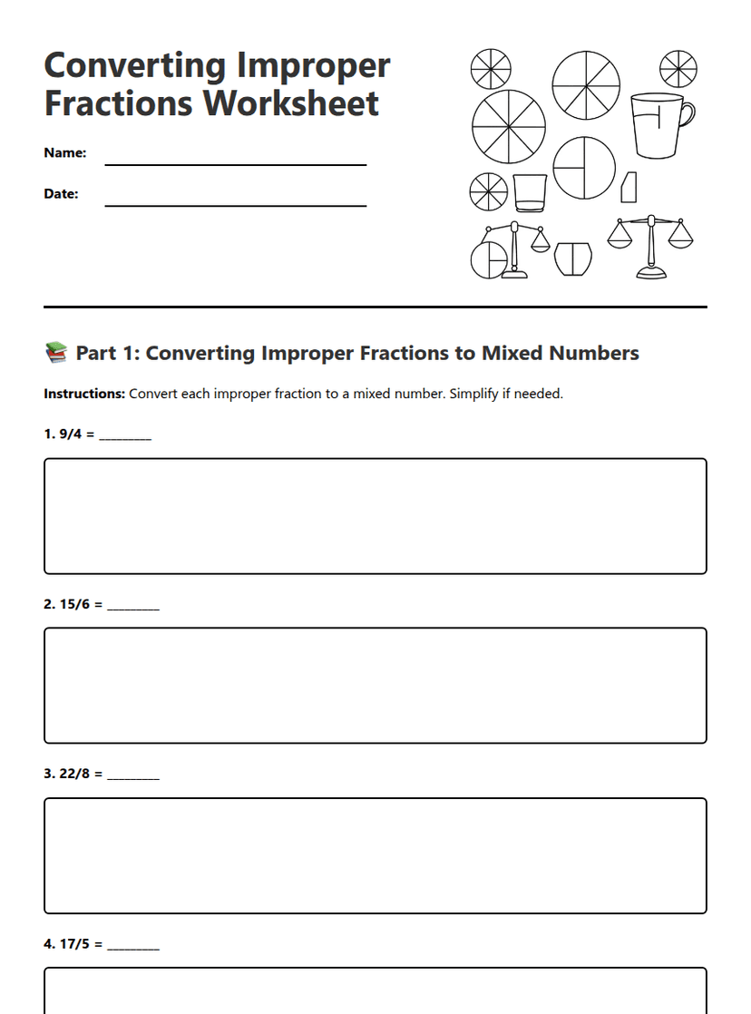Converting Improper Fractions Worksheet