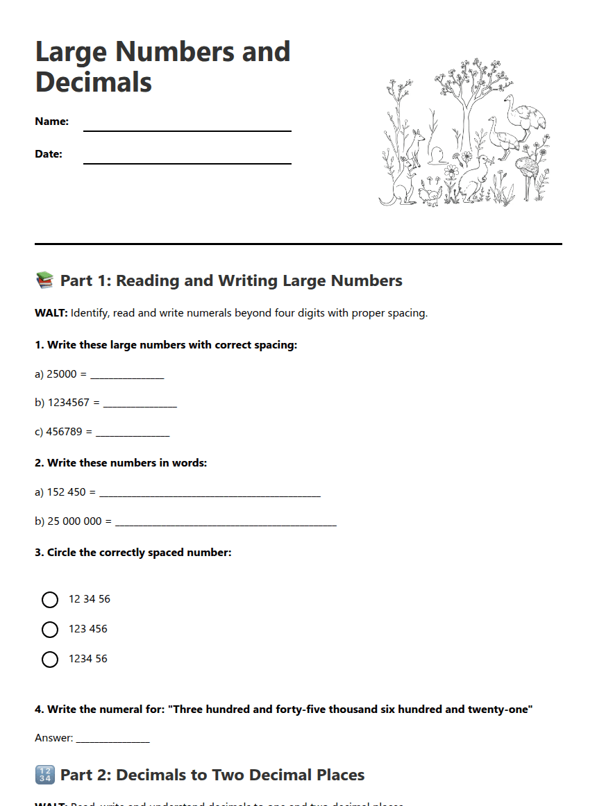 Large Numbers and Decimals worksheet preview