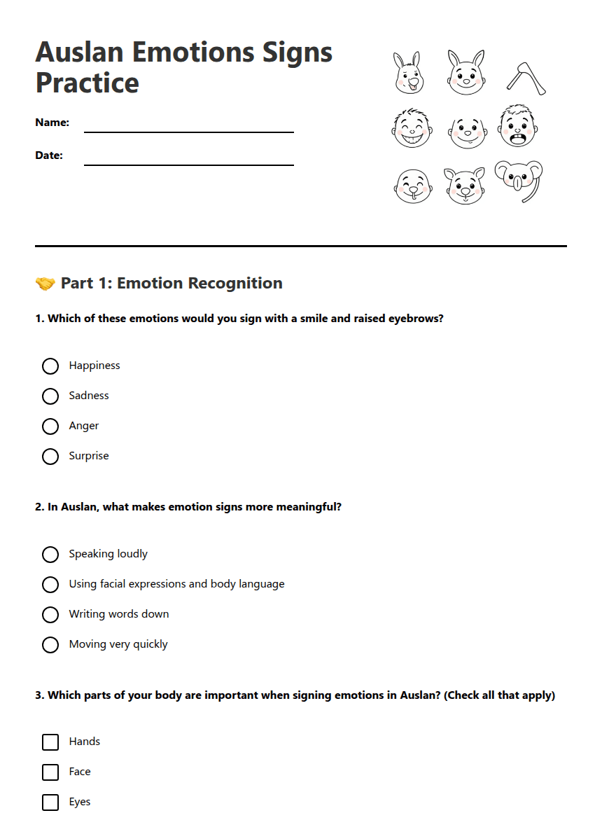 Auslan Emotions Signs Practice worksheet preview