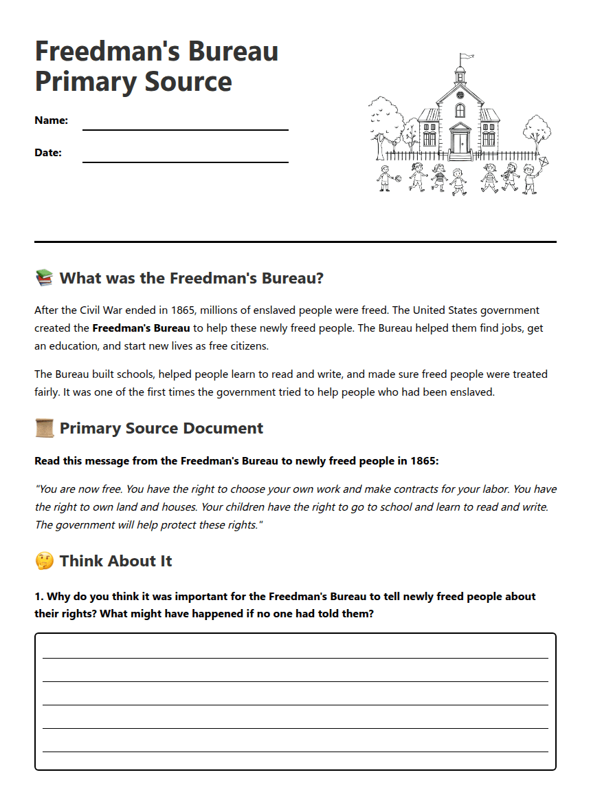 Freedman's Bureau Primary Source worksheet preview