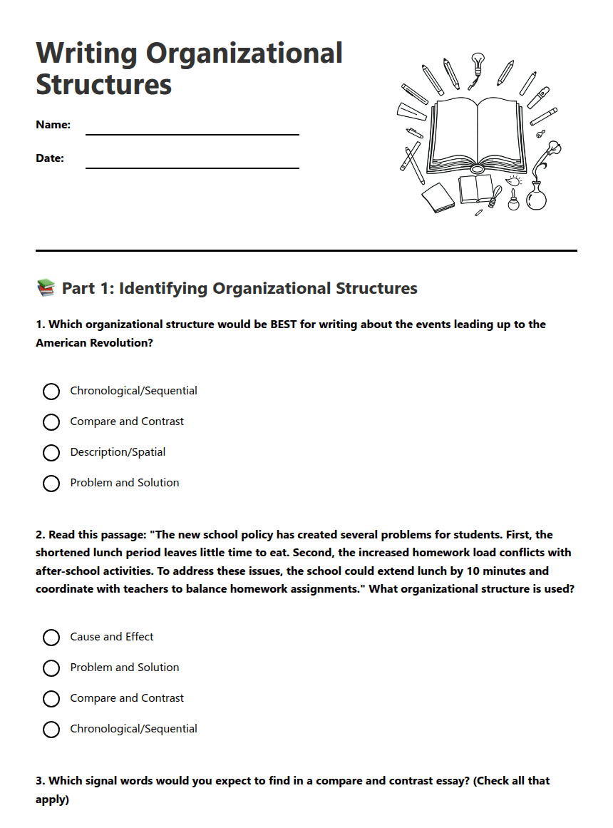 Writing Organizational Structures worksheet preview