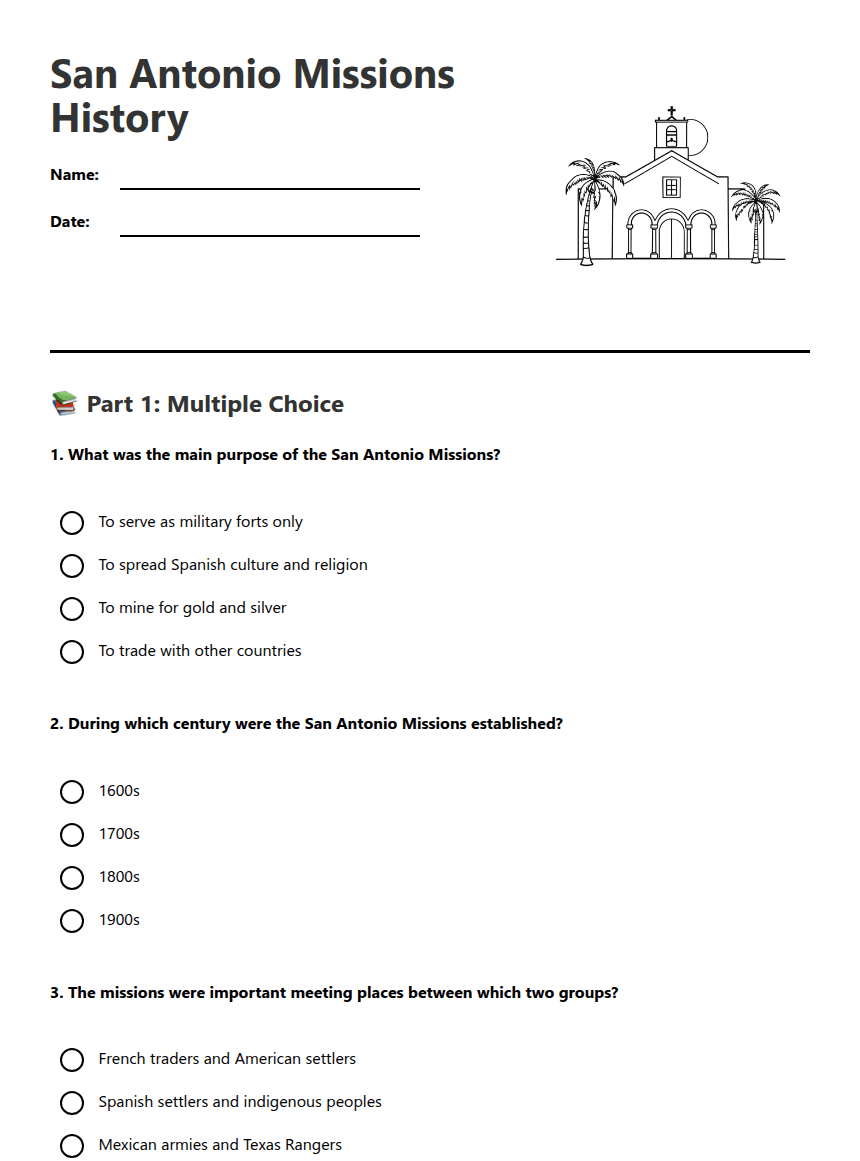 San Antonio Missions History worksheet preview