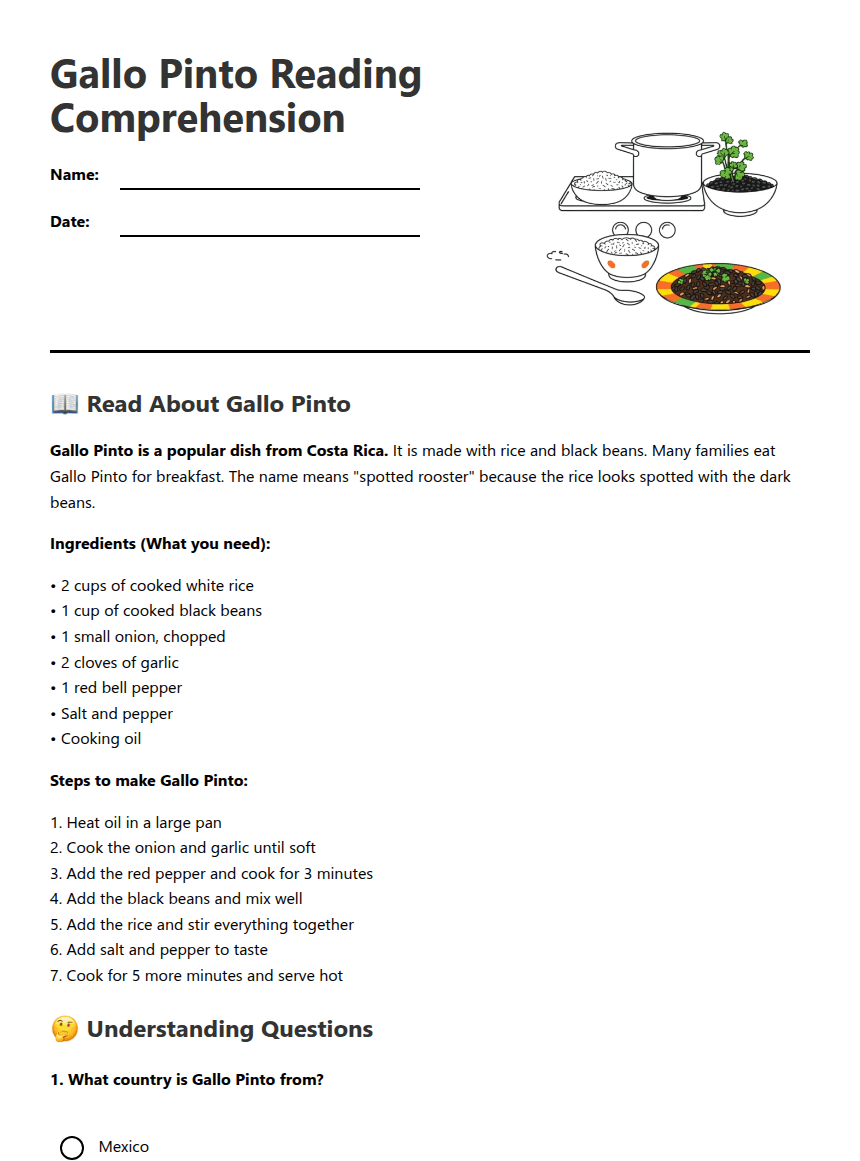 Gallo Pinto Reading Comprehension worksheet preview