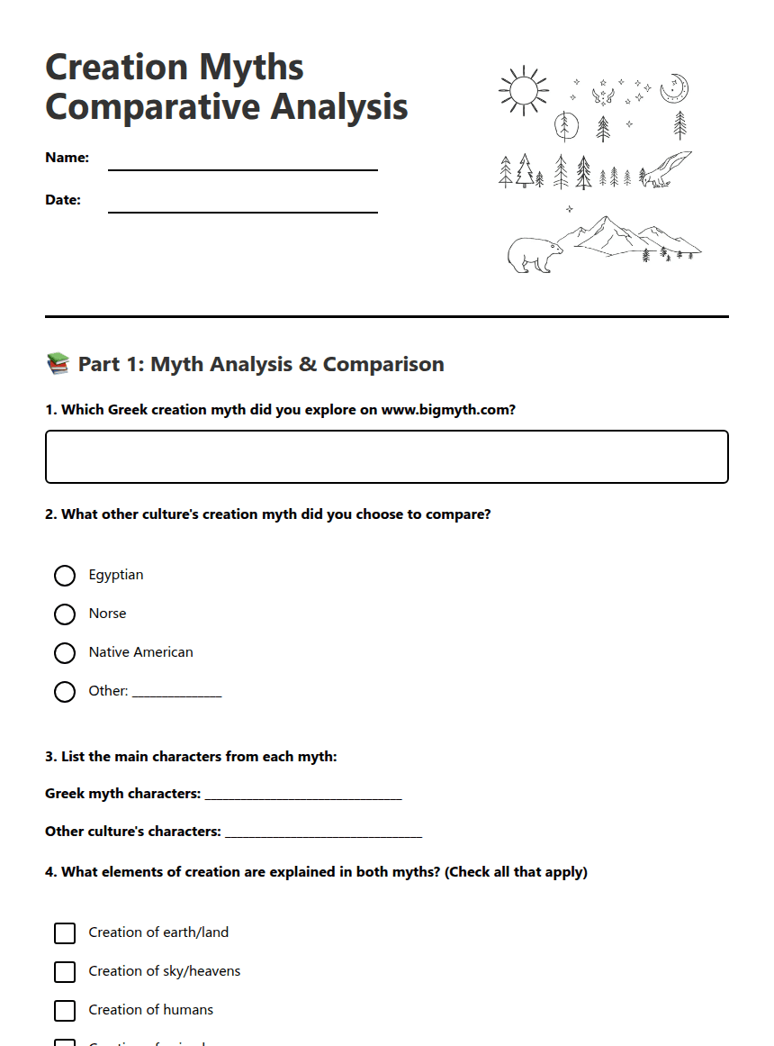 Creation Myths Comparative Analysis worksheet preview