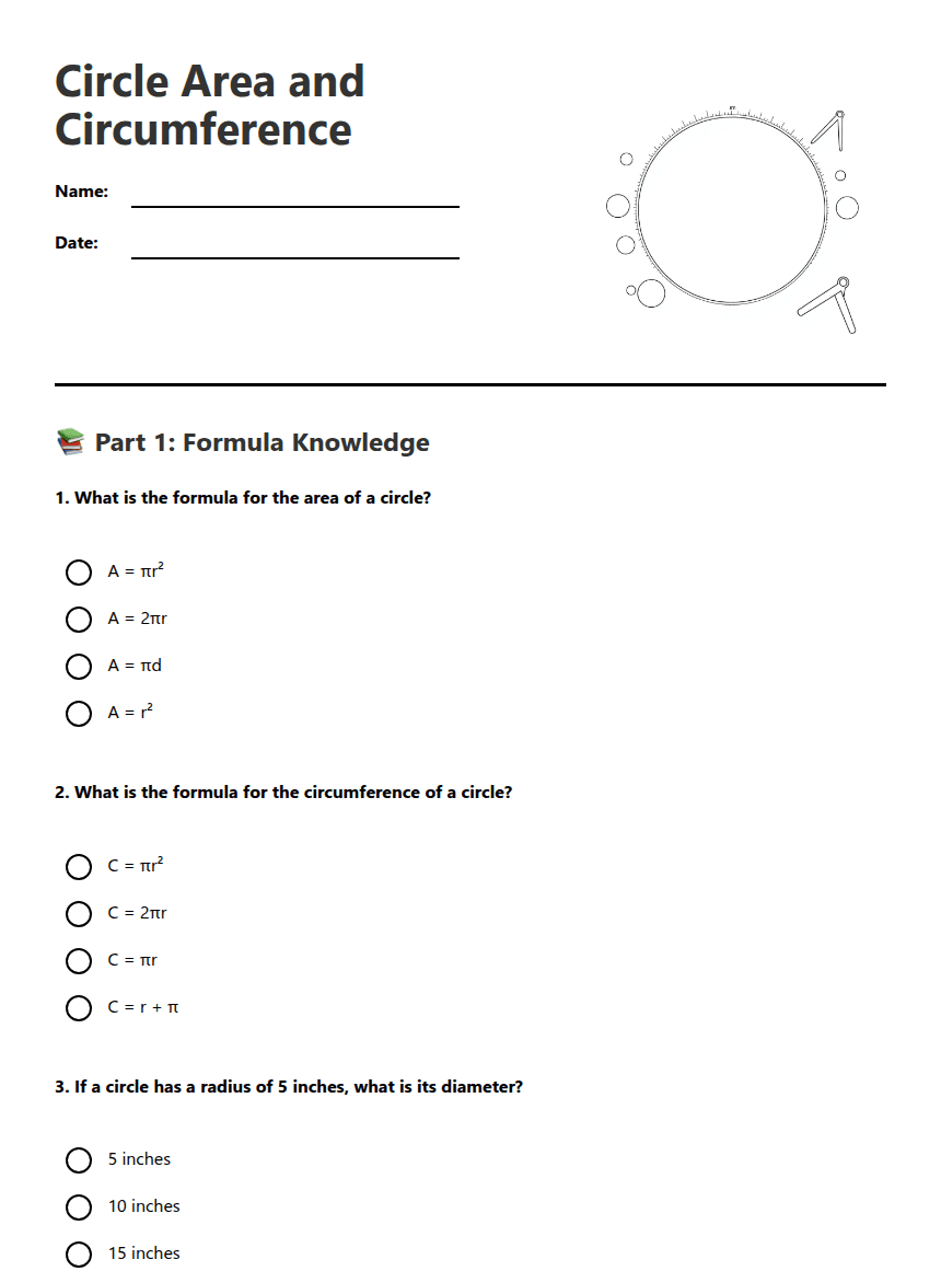 Circle Area and Circumference worksheet preview