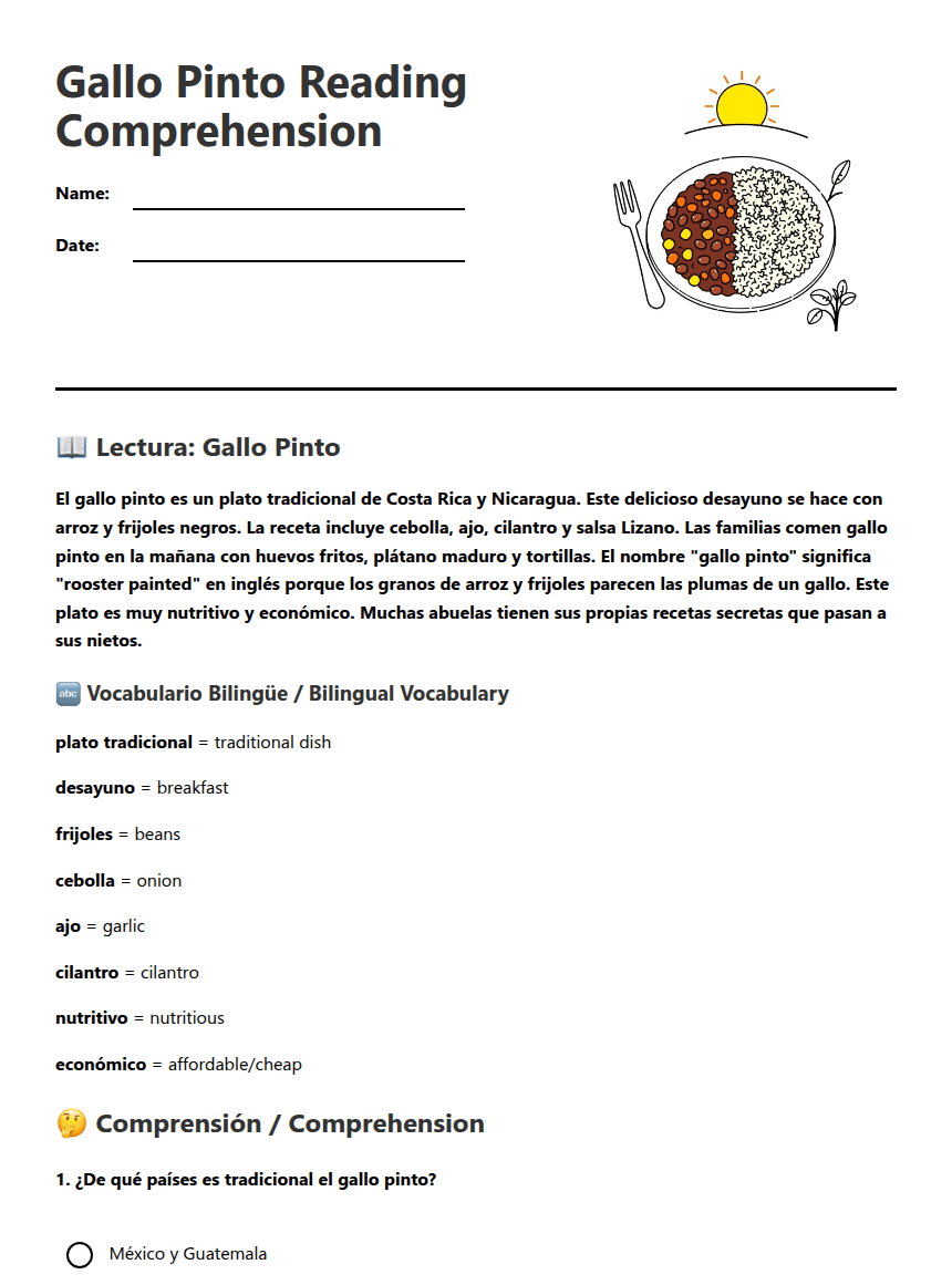 Gallo Pinto Reading Comprehension worksheet preview
