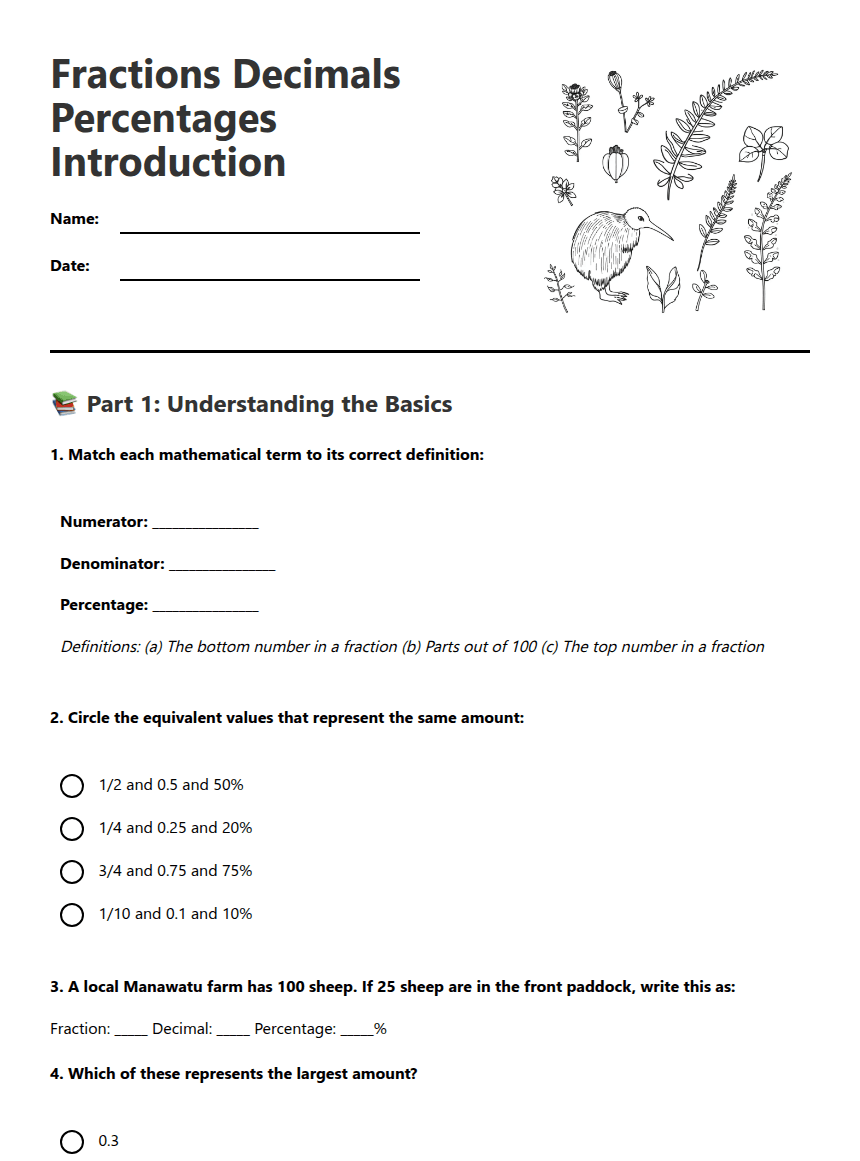 Fractions Decimals Percentages Introduction worksheet preview