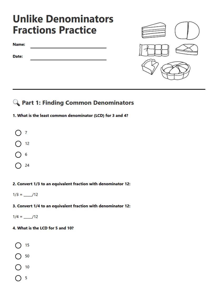 Unlike Denominators Fractions Practice