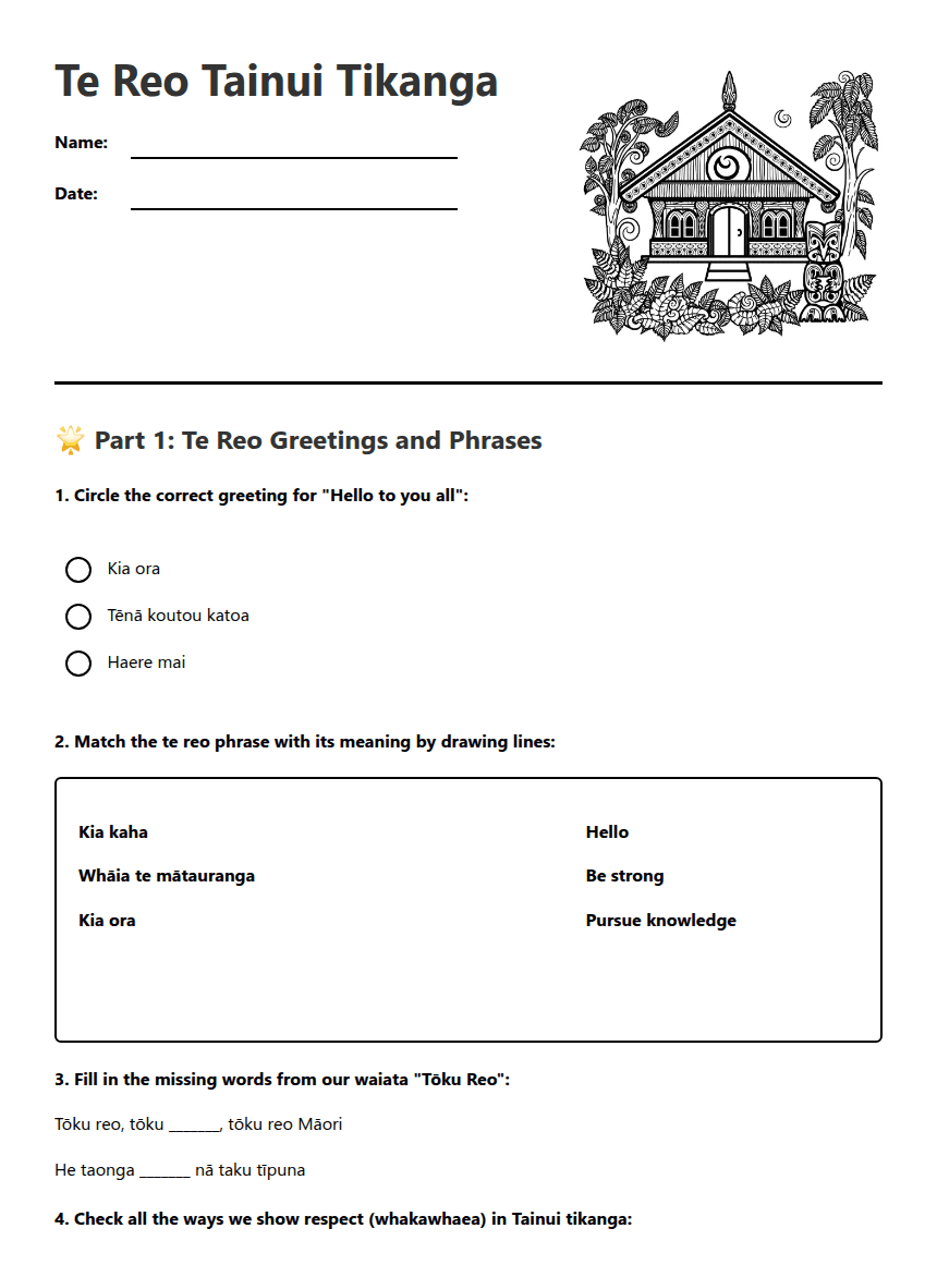 Te Reo Tainui Tikanga worksheet preview