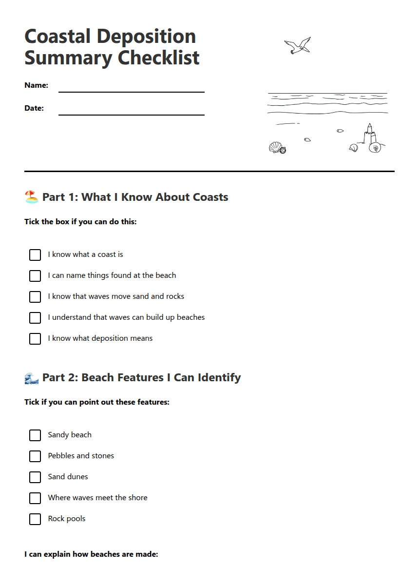 Coastal Deposition Summary Checklist worksheet preview