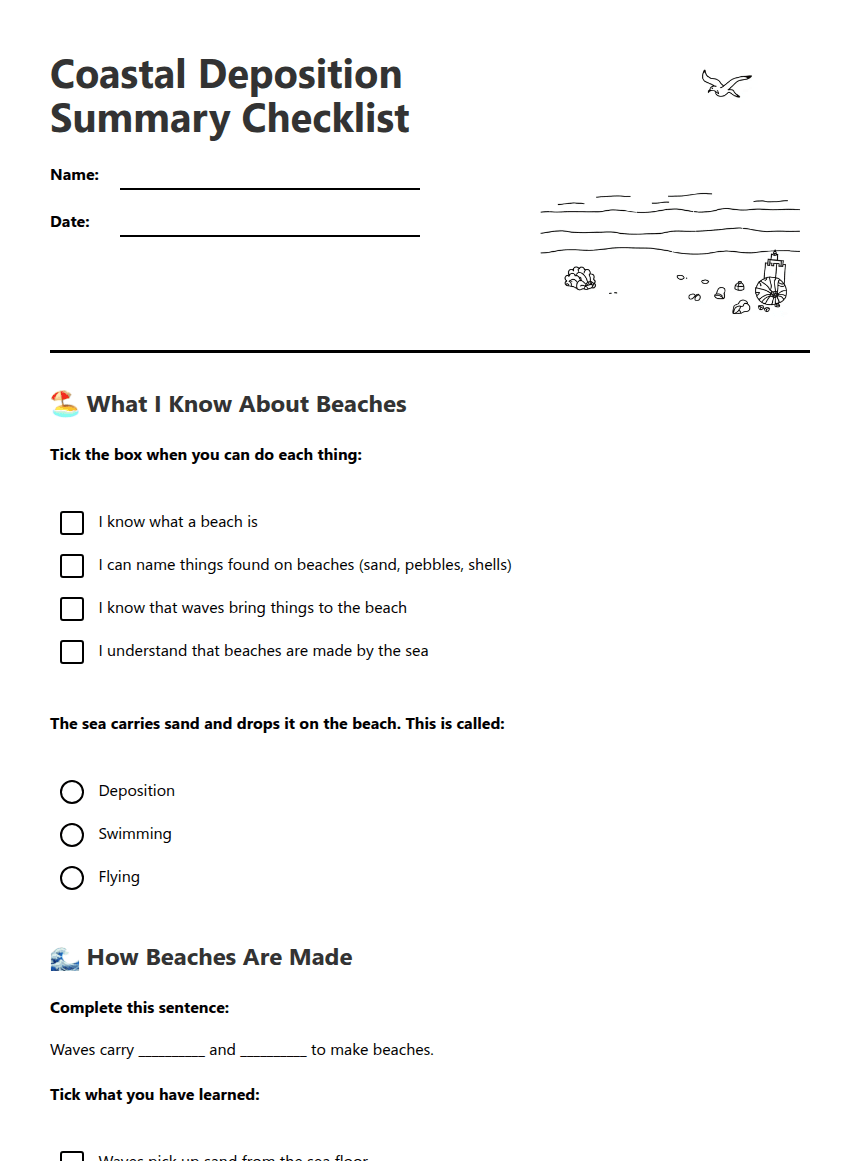 Coastal Deposition Summary Checklist worksheet preview