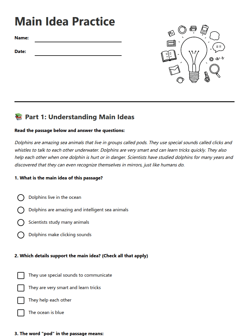 Main Idea Practice worksheet preview