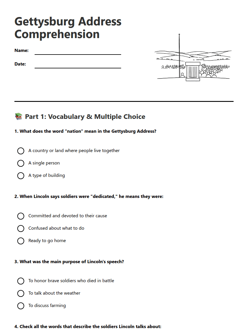 Gettysburg Address Comprehension worksheet preview