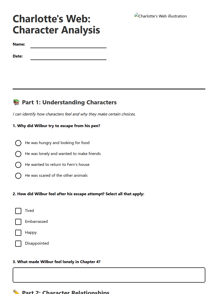 Charlotte's Web: Character Analysis worksheet preview